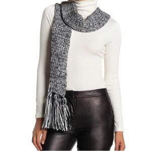Calvin Klein Marled Chunky Knit Scarf Long Black Fringe Pom Pom Wool Blend